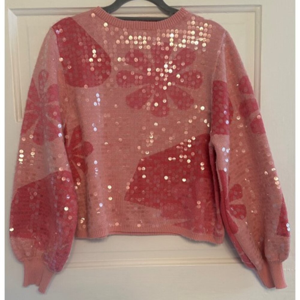 Ring Street Designs. Sequined Cropped Pink Sweater with Flower Design. Size M.